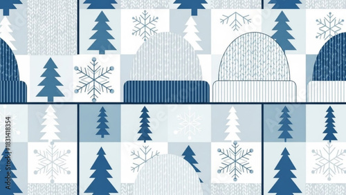 Winter christmas pattern with christmas trees snowflakes and winter hats seamless holiday season design for crafts