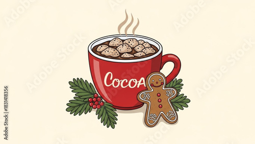 Hot cocoa with gingerbread man christmas holiday season winter drink marshmallows festive cozy beverage art