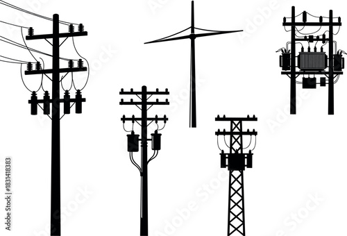 flavector electrical utility pole silhouettes set – urban and rural power transmission vector illustration