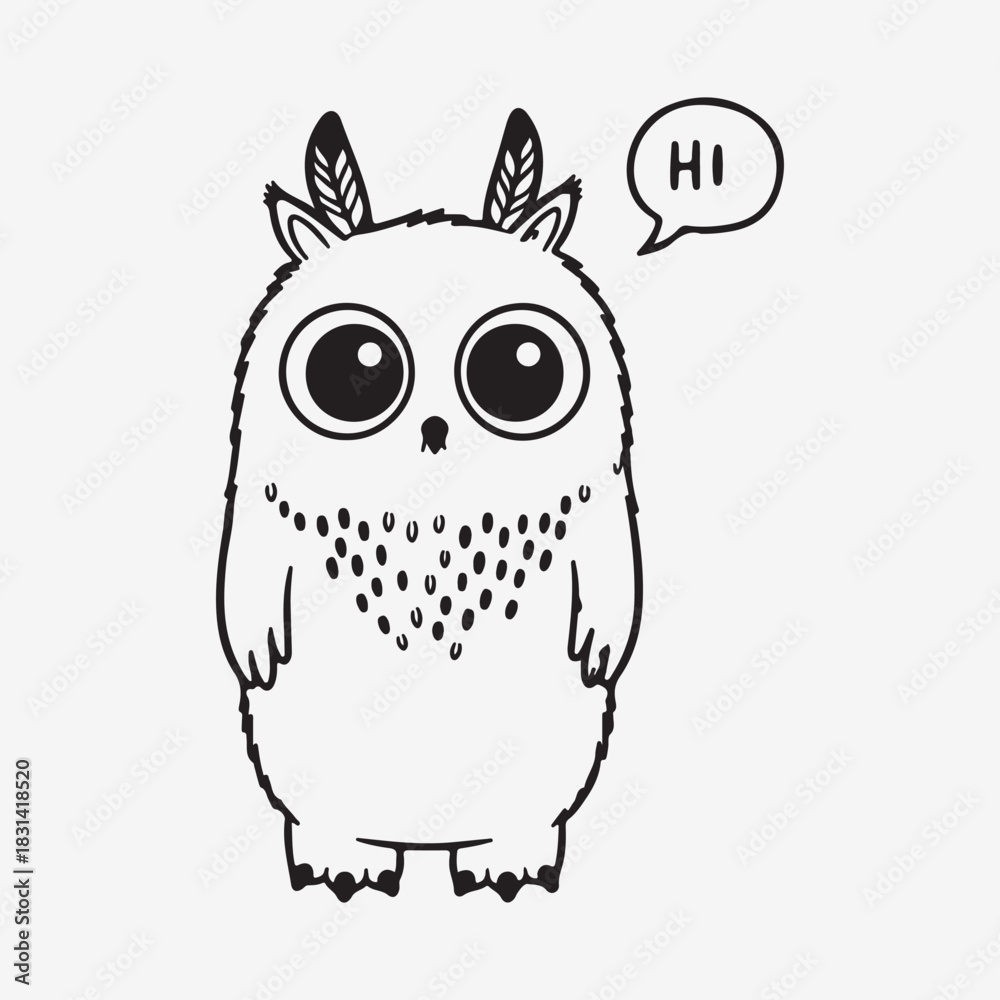 Obraz premium Cute cartoon owl doodle saying hi with big eyes