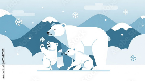 Polar bear family winter scene illustration with snowflakes and mountains arctic wildlife vector design
