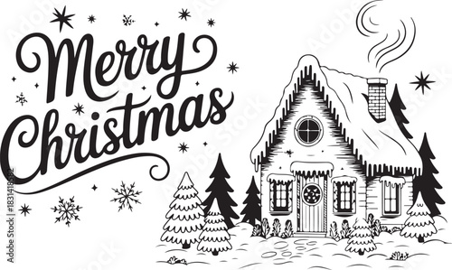 Whimsical black and white illustration of a gingerbread house with smoke billowing from the chimney and merry christmas text above