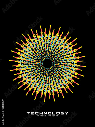 Music poster design background. Electro Sound Cover Template with dynamic abstract gradient circular geometric line shapes for t-shirt screen printing, technology, digital, party, festival and club.