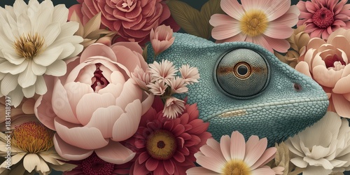 jungle wildlife concept Lizard blended among colorful flowers in artistic design.
