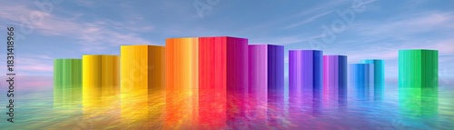 Colored layers arranged in 3D stack concept. Vibrant abstract shapes in colorful hues reflecting in water.