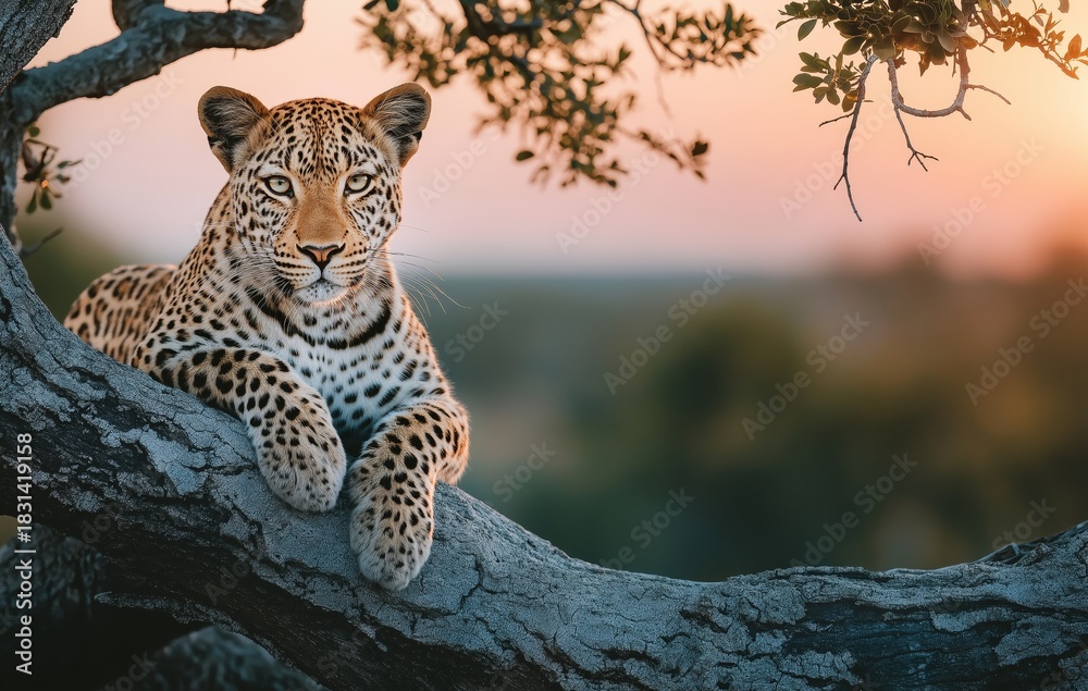 Fototapeta premium jungle wildlife concept Leopard lounging on a tree branch at sunset.