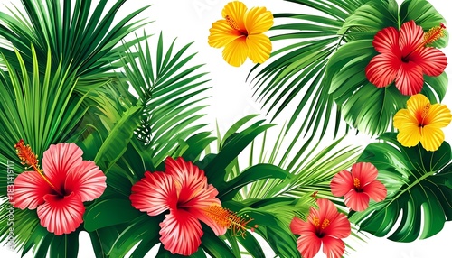 dynamic tropical setting showcasing blooming flowers amidst lush foliage and radiant sunlight