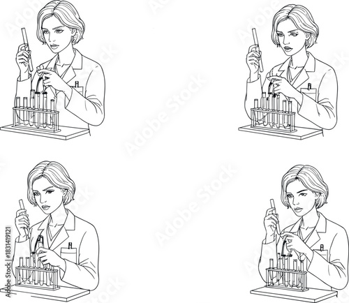 flavector scientist performing experimental task with test tube and rack in black and white style