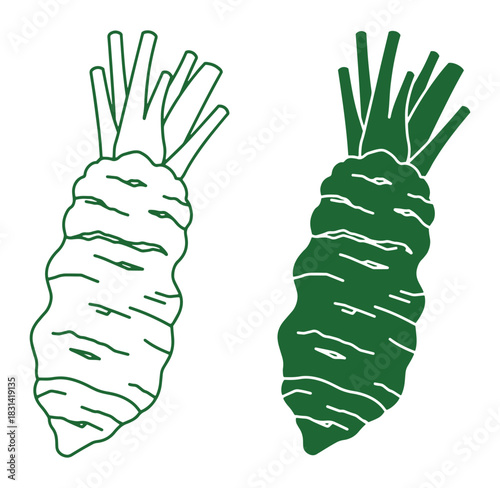Two stylized illustrations of wasabi root with green outlines and filled with green color.