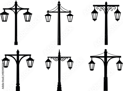 flavector silhouettes of decorative street lamps with dual lanterns and ornate pole design variations
