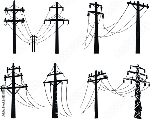 flavector silhouettes of diverse utility pole designs for electrical power line distribution infrastructure systems