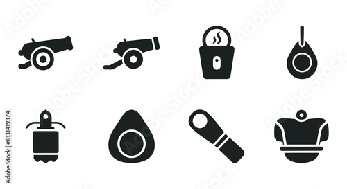 Black silhouette icons depicting treasure cannons a person and water drops