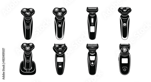 A collection of various electric shavers and grooming tools presented in black