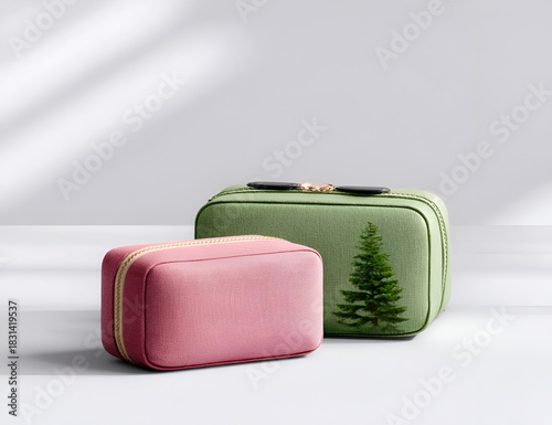 Stylish travel cases in pink and green with a modern design, perfect for organizing essentials on the go.