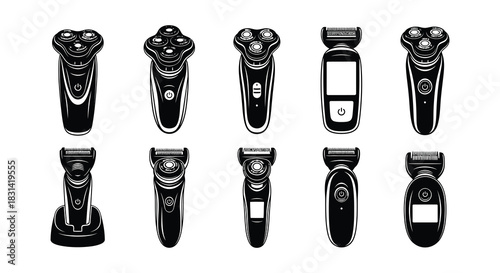 A collection of various electric shavers and grooming tools presented in black
