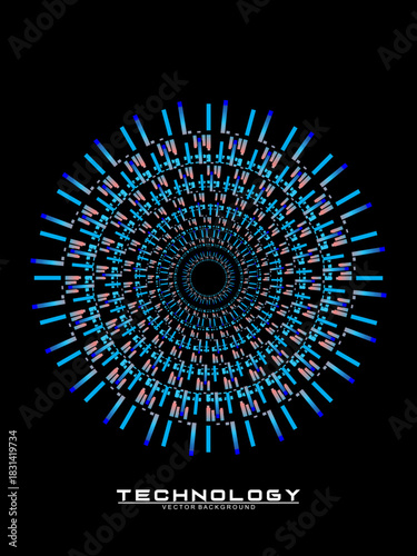 Music poster design background. Electro Sound Cover Template with dynamic abstract gradient circular geometric line shapes for t-shirt screen printing, technology, digital, party, festival and club.