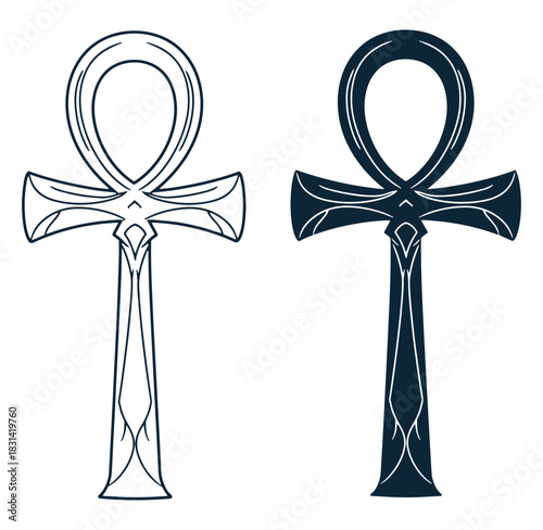 Vector illustration of ankh symbols in outline and solid versions on a white background
