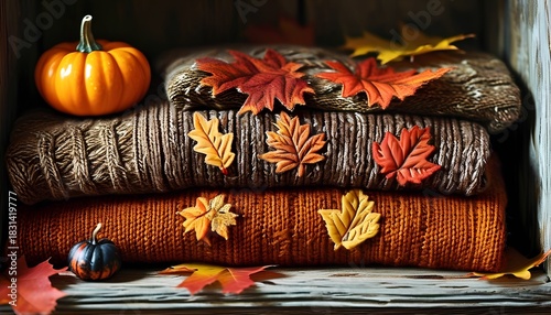 arranged woolen knits showcasing autumn leaves and miniature pumpkin details for cozy fashion