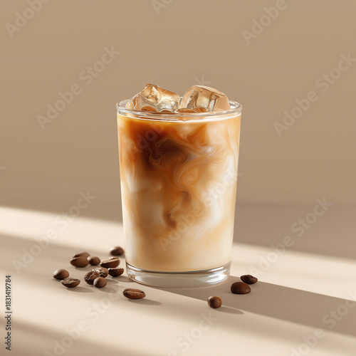 Minimalist iced coffee with creamy milk swirl and ice cubes
