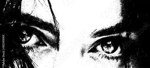 High contrast female eyes, xerography halftone portrait, black and white stencil face close-up, gritty texture, dramatic monochrome illustration