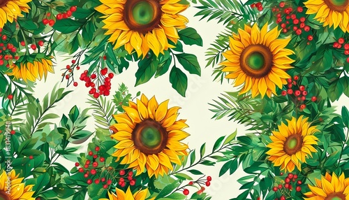 vivid floral pattern with berries, warmtoned botanical scene featuring vibrant flowers and berries