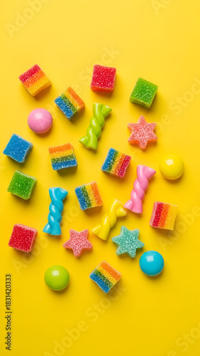 Assortment of colorful gummy candies arranged on a yellow background. Perfect for candy store promotions, sweet treats graphics, or party invitations.
