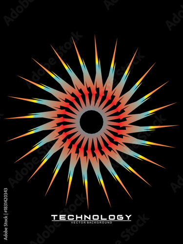 Music poster design background. Electro Sound Cover Template with dynamic abstract gradient circular geometric line shapes for t-shirt screen printing, technology, digital, party, festival and club.