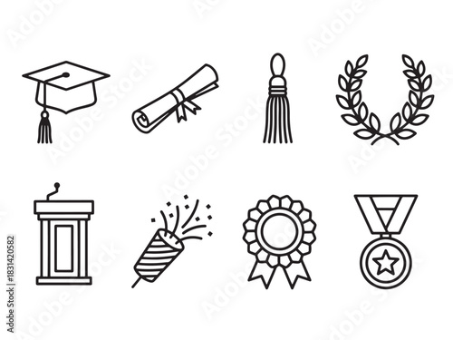Graduation Icon Set. Graduation items linear icon set: graduation cap, diploma scroll, tassel, laurel wreath, podium, confetti burst, ribbon seal, academic medal