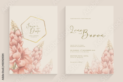 Simple Wedding Invitation Tempate with Aesthetic Flower Watercolor Arrangement