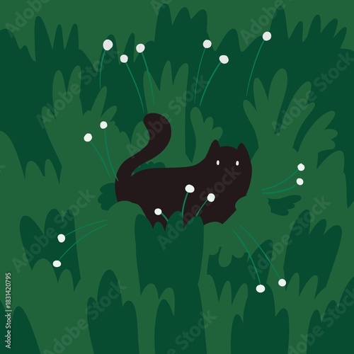 Cute black cat roaming outdoors in the deep grass.