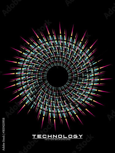 Music poster design background. Electro Sound Cover Template with dynamic abstract gradient circular geometric line shapes for t-shirt screen printing, technology, digital, party, festival and club.