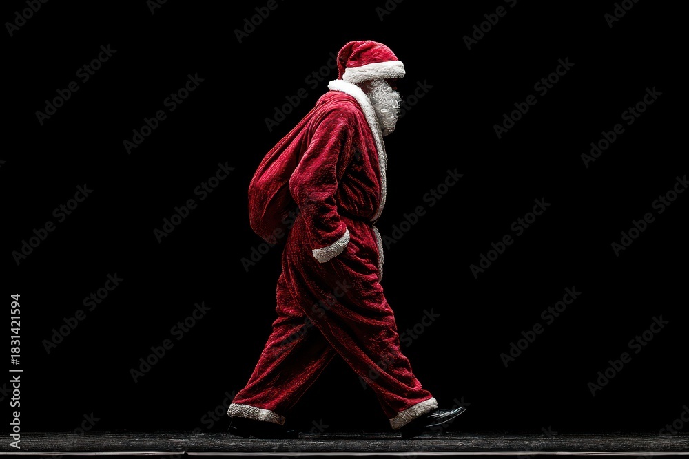 Fototapeta premium Santa Claus Walking with Backpack in Dark Setting