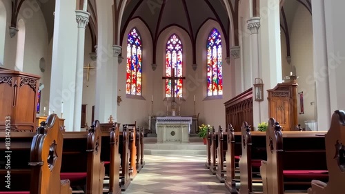 exploring the sacred space of a church interior, showcasing stained glass, wooden pews, altar and quiet reverence, offering a serene glimpse