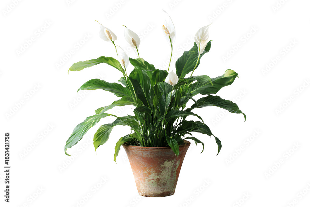 Fototapeta premium Peace lily plant in a terracotta pot isolated on transparent background