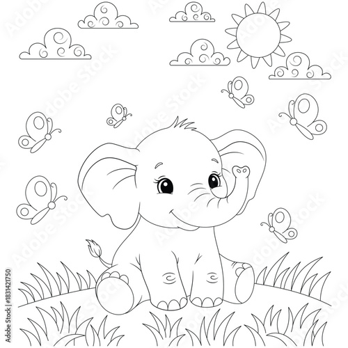 Cute Sitting Elephant Coloring Page for Kids
