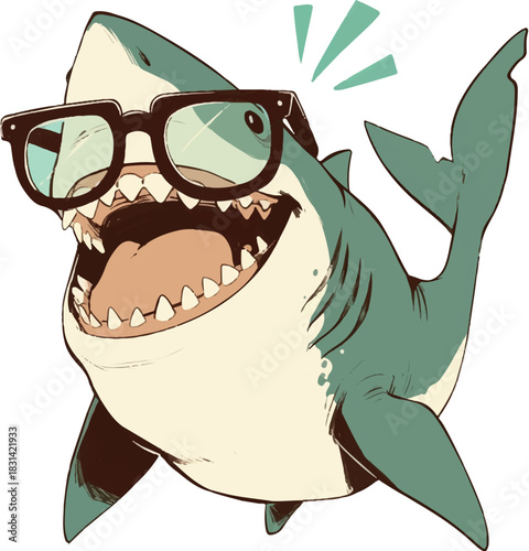 Smart Shark's Happy moment: a shark with stylish spectacles smiles radiantly, expressing its joy and confidence. 