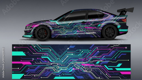 Side view of a car with a vibrant circuit board design, showcasing technology and modern aesthetics.