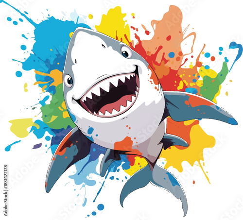 Playful shark with watercolor: a playful cartoon shark smiles brightly against a colorful watercolor backdrop.