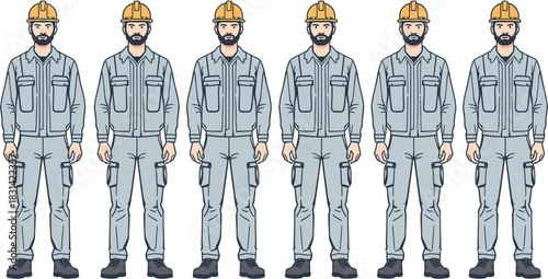 Illustration of a group of construction workers, each wearing safety helmets and work uniforms, ready for their daily tasks on the job site.