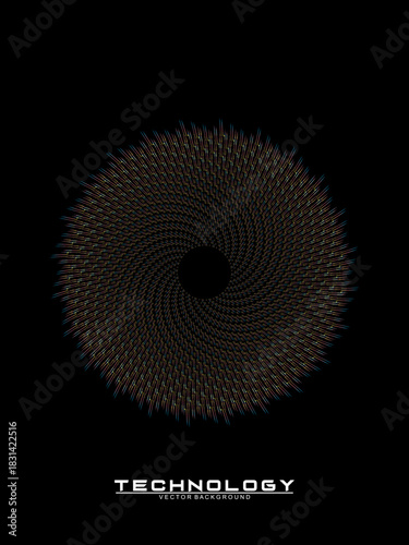 Music poster design background. Electro Sound Cover Template with dynamic abstract gradient circular geometric line shapes for t-shirt screen printing, technology, digital, party, festival and club.