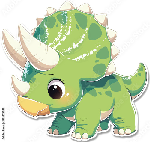 Cute Triceratops Illustration: A charming, friendly triceratops with bright eyes and a cheerful expression. The dinosaur's vibrant green skin and adorable features bring a sense of joy and wonder.