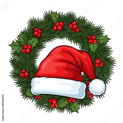 Santa Claus hat with festive mood nestled inside an evergreen wreath against a white vector backdrop