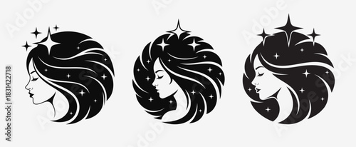 Elegant Woman Profile with Sparkling Hair Logo Set