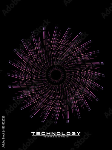 Music poster design background. Electro Sound Cover Template with dynamic abstract gradient circular geometric line shapes for t-shirt screen printing, technology, digital, party, festival and club.