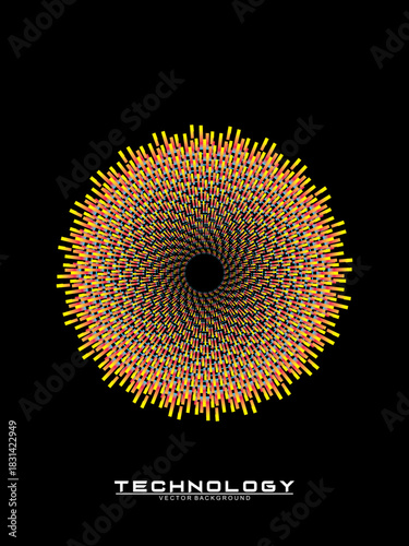 Music poster design background. Electro Sound Cover Template with dynamic abstract gradient circular geometric line shapes for t-shirt screen printing, technology, digital, party, festival and club.