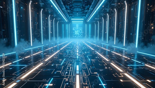 Futuristic Digital Landscape with Glowing Circuit Paths and Neon Tech Energy — Abstract Sci-Fi Background