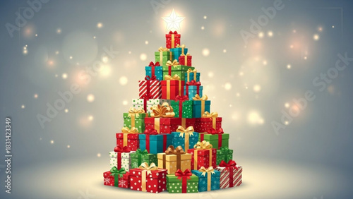 Christmas tree made of gifts presents holiday season celebration festive decoration star merry xmas happy