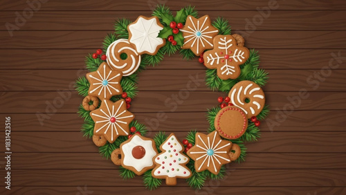 Christmas gingerbread cookie wreath holiday decoration festive treat baked goods seasonal celebration background