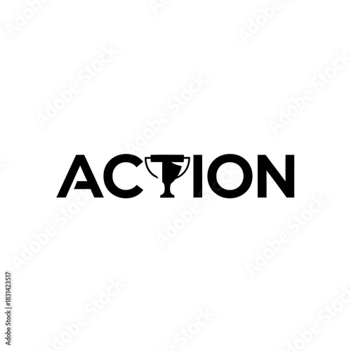 Black and white typography logo design featuring the word action with a trophy icon replacing the letter c