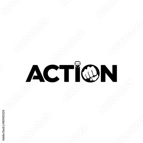 Black and white text logo design featuring the word action with a clenched fist graphic